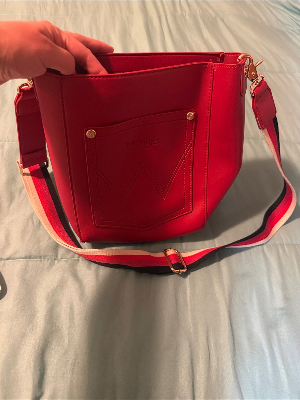 Wrangler Red Bucket Crossbody with Striped Strap